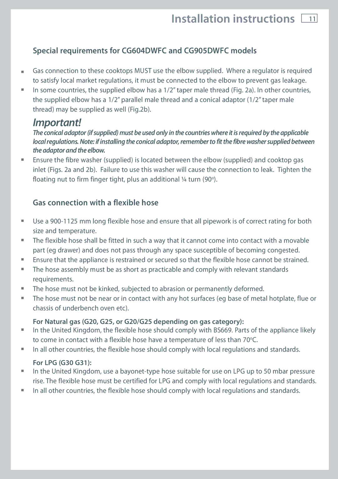 Fisher & Paykel Special requirements for CG604DWFC and CG905DWFC models, Gas connection with a flexible hose 