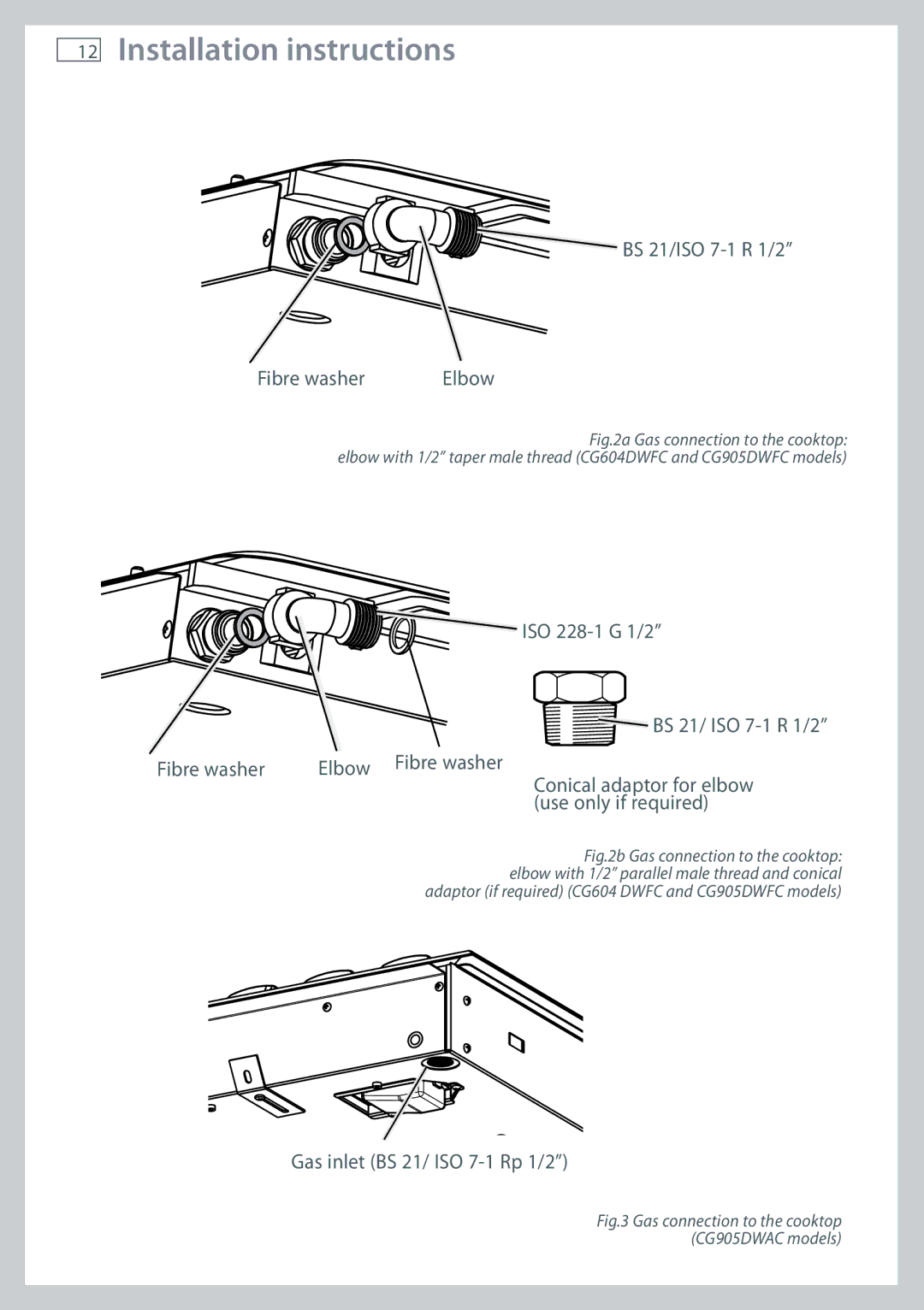 Fisher & Paykel CG905 installation instructions BS 21/ISO 7-1 R 1/2 Fibre washer 