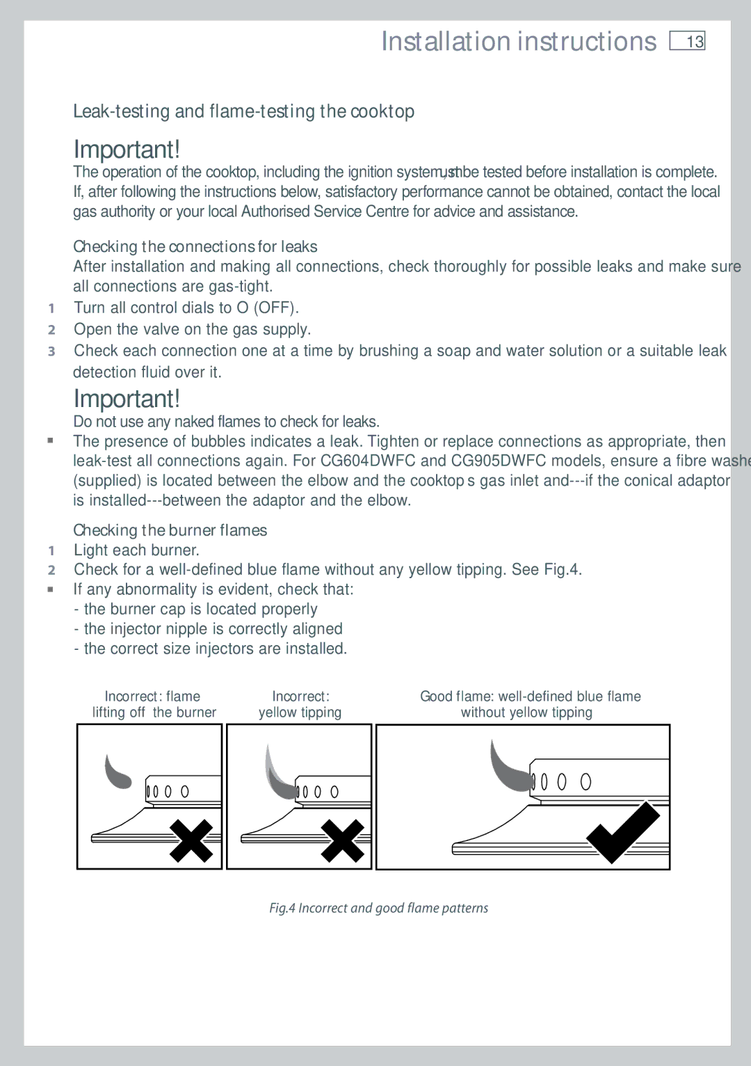 Fisher & Paykel CG905 Leak-testing and flame-testing the cooktop, Checking the connections for leaks 