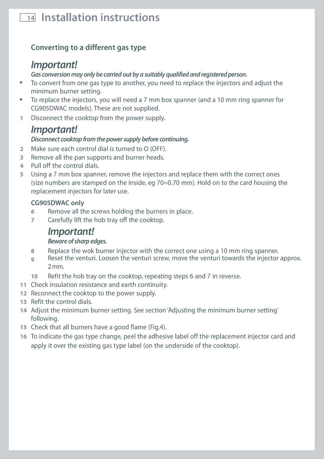 Fisher & Paykel installation instructions Converting to a different gas type, CG905DWAC only 