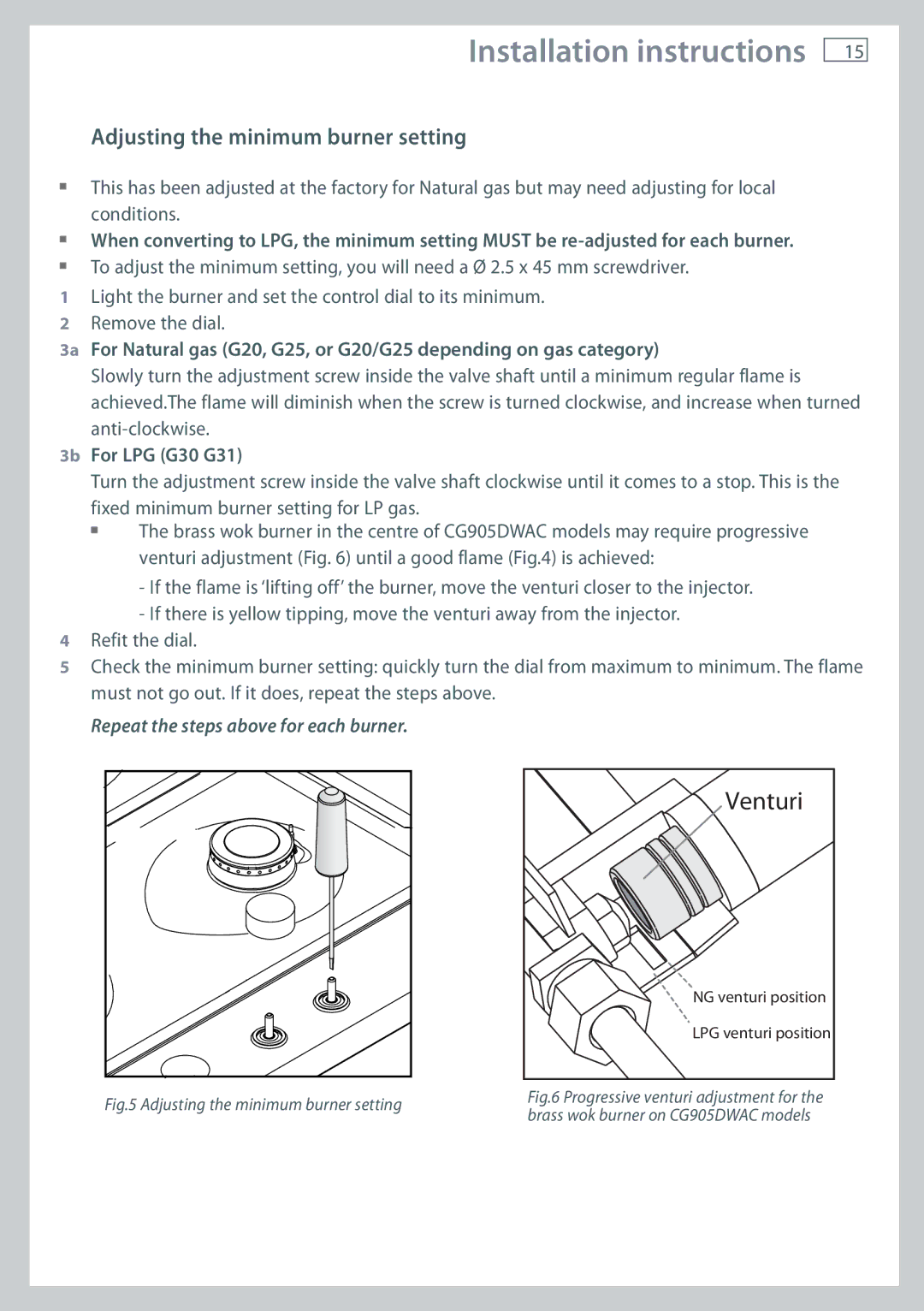 Fisher & Paykel CG905 installation instructions Adjusting the minimum burner setting, 3b For LPG G30 G31 