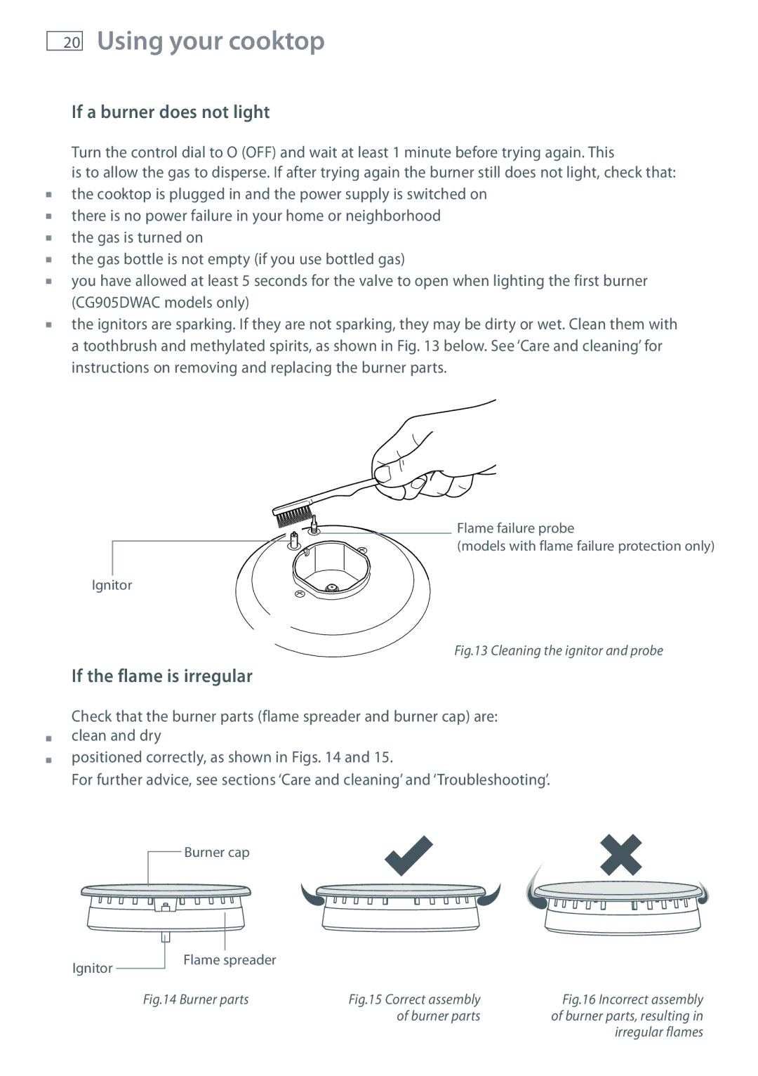 Fisher & Paykel CG905 installation instructions If a burner does not light, If the flame is irregular 