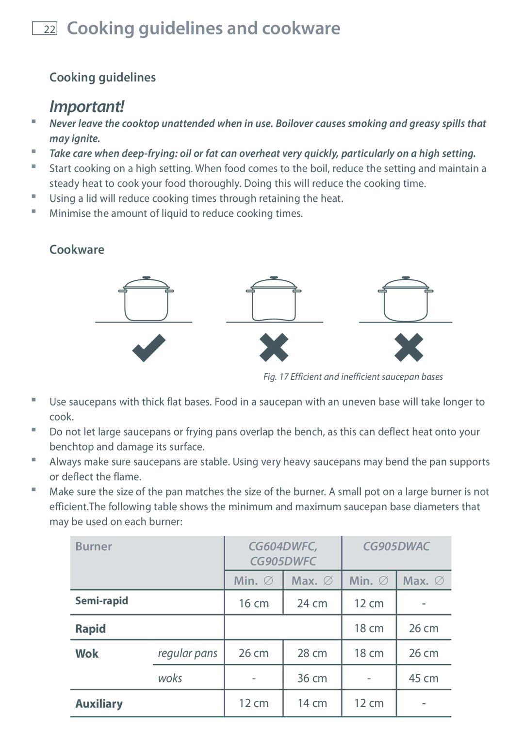 Fisher & Paykel CG905 installation instructions Cooking guidelines and cookware, Cookware, Semi-rapid 