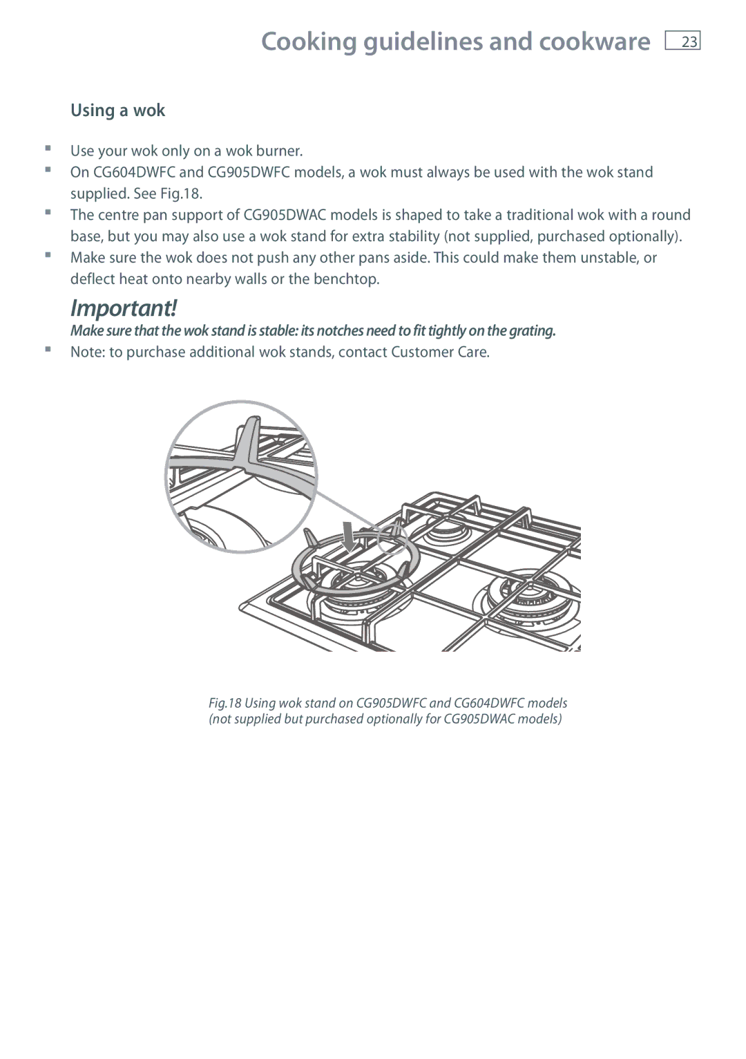 Fisher & Paykel CG905 installation instructions Using a wok 