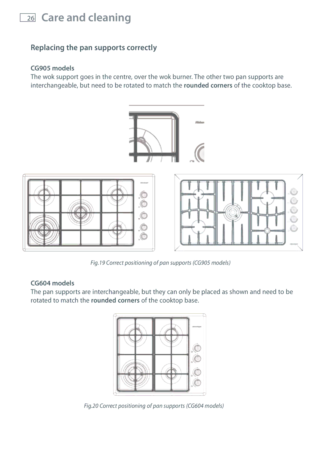 Fisher & Paykel installation instructions Replacing the pan supports correctly, CG905 models, CG604 models 