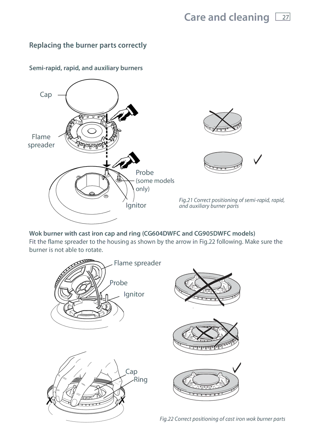 Fisher & Paykel CG905 Replacing the burner parts correctly, Semi-rapid, rapid, and auxiliary burners 