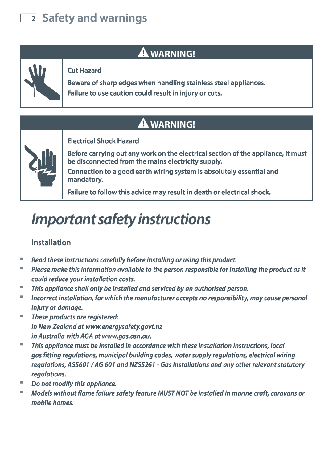 Fisher & Paykel CG905 installation instructions Important safety instructions, Safety and warnings, Installation 