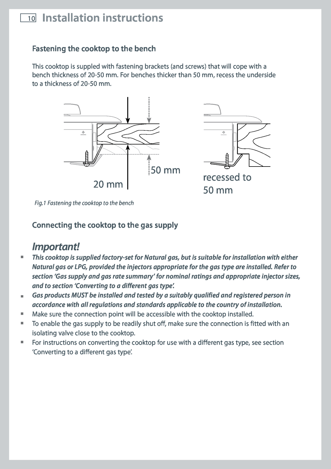 Fisher & Paykel CG905 10Installation instructions, Fastening the cooktop to the bench, 20 mm, recessed to 50 mm 