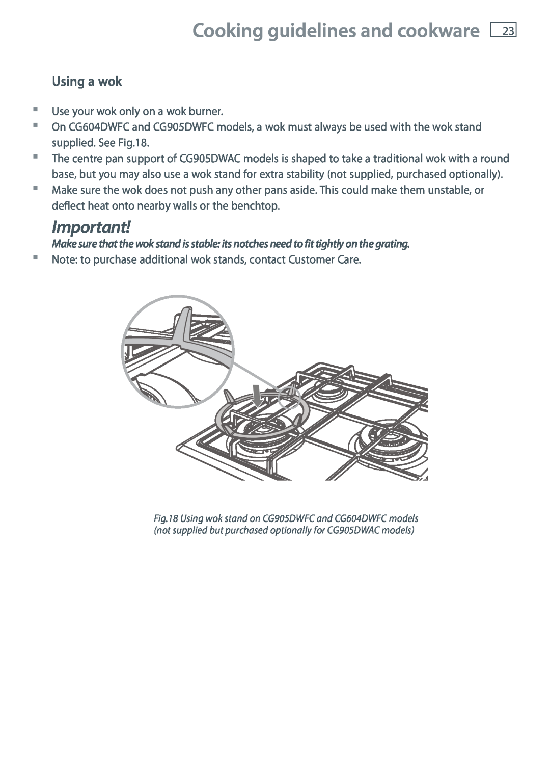 Fisher & Paykel CG905 installation instructions Using a wok, Cooking guidelines and cookware 