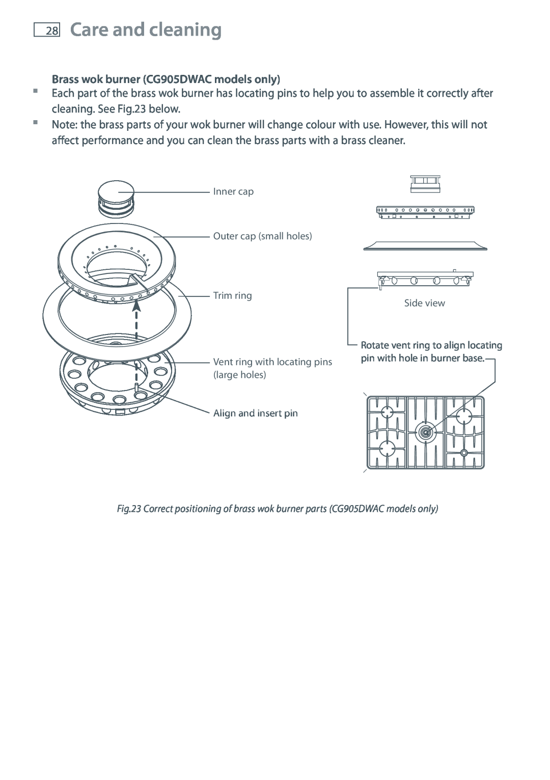 Fisher & Paykel installation instructions Care and cleaning, Brass wok burner CG905DWAC models only 