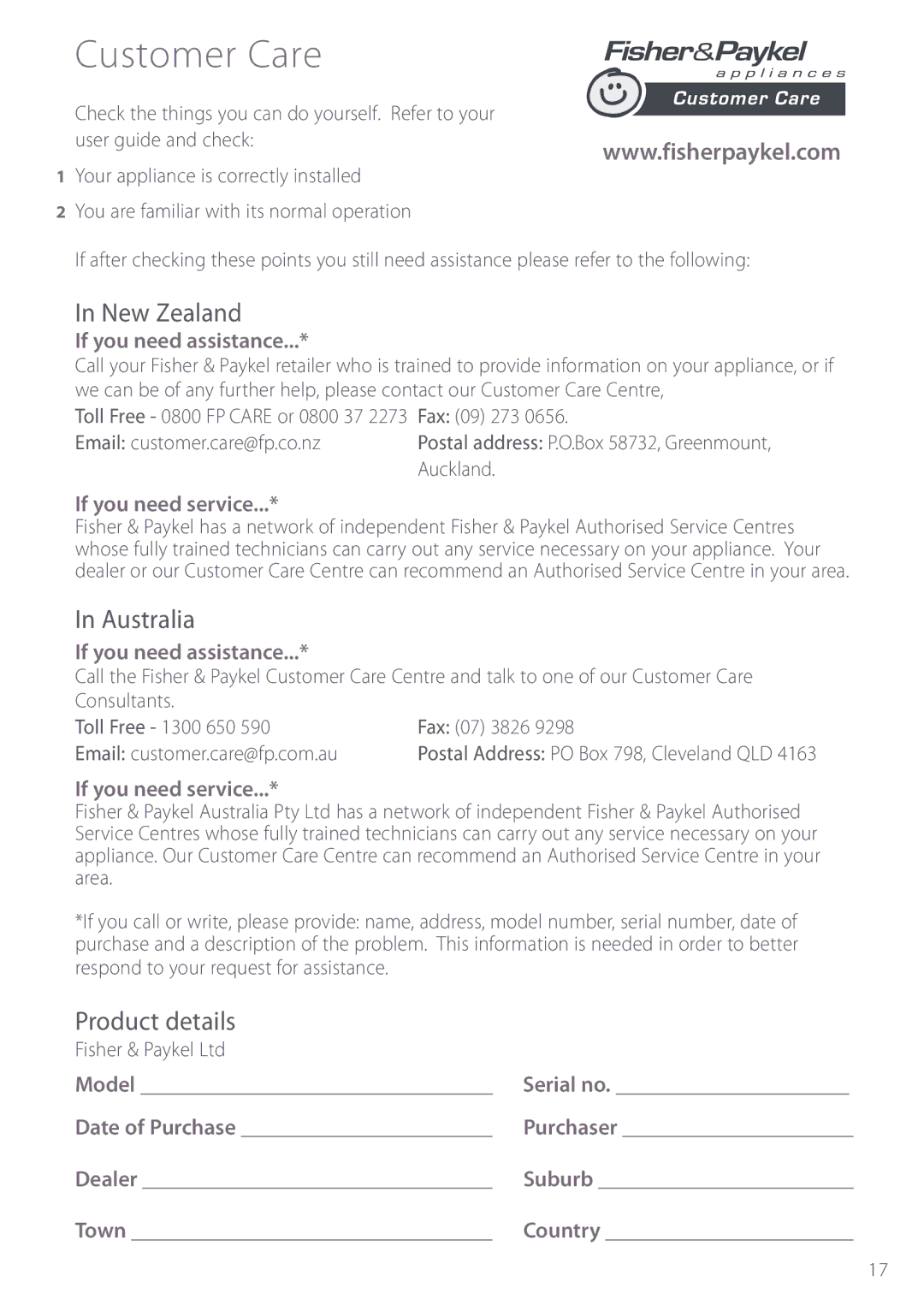 Fisher & Paykel CG913 manual Customer Care, New Zealand, Australia, Product details 