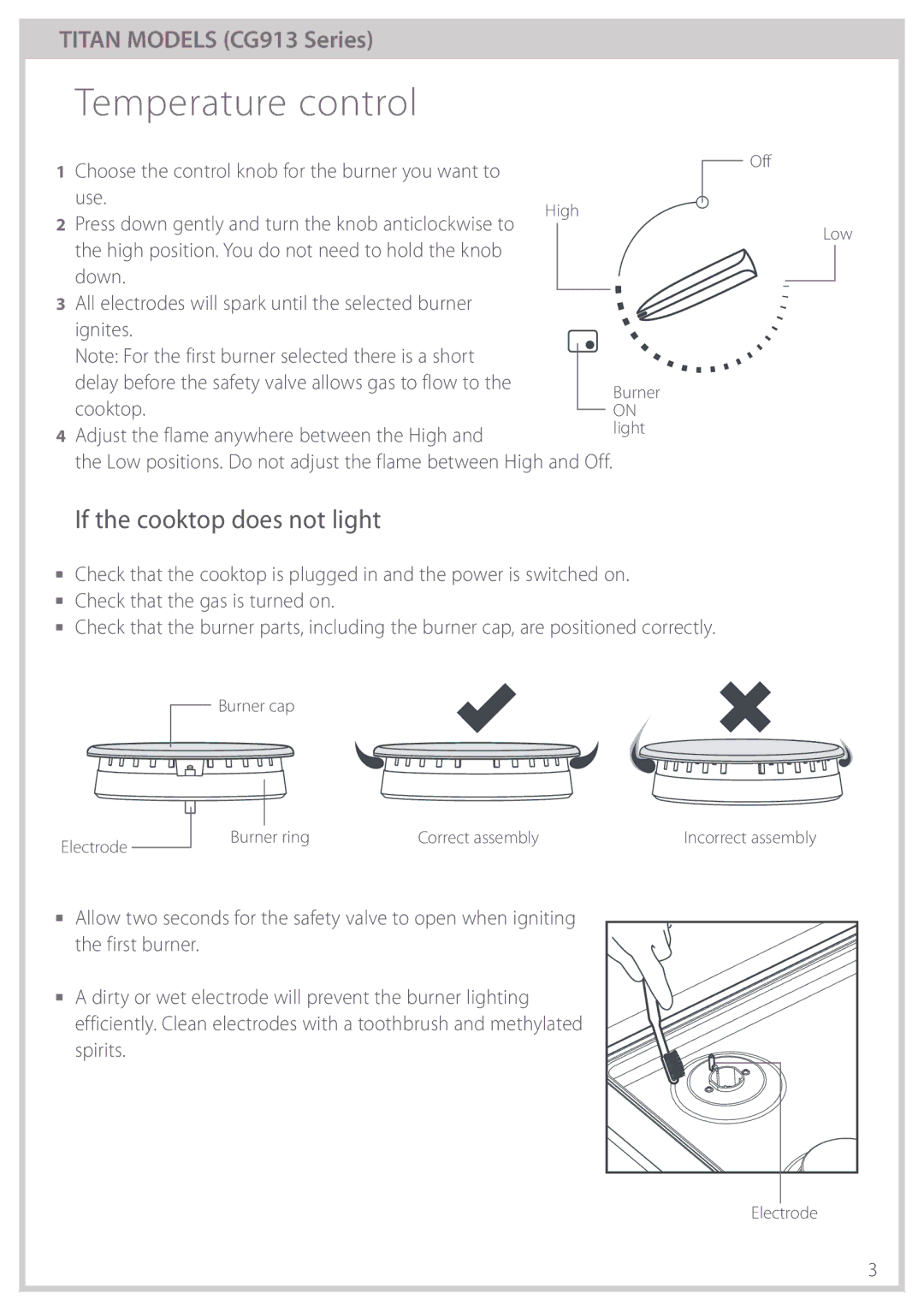 Fisher & Paykel CG913 manual Temperature control, If the cooktop does not light, Use 