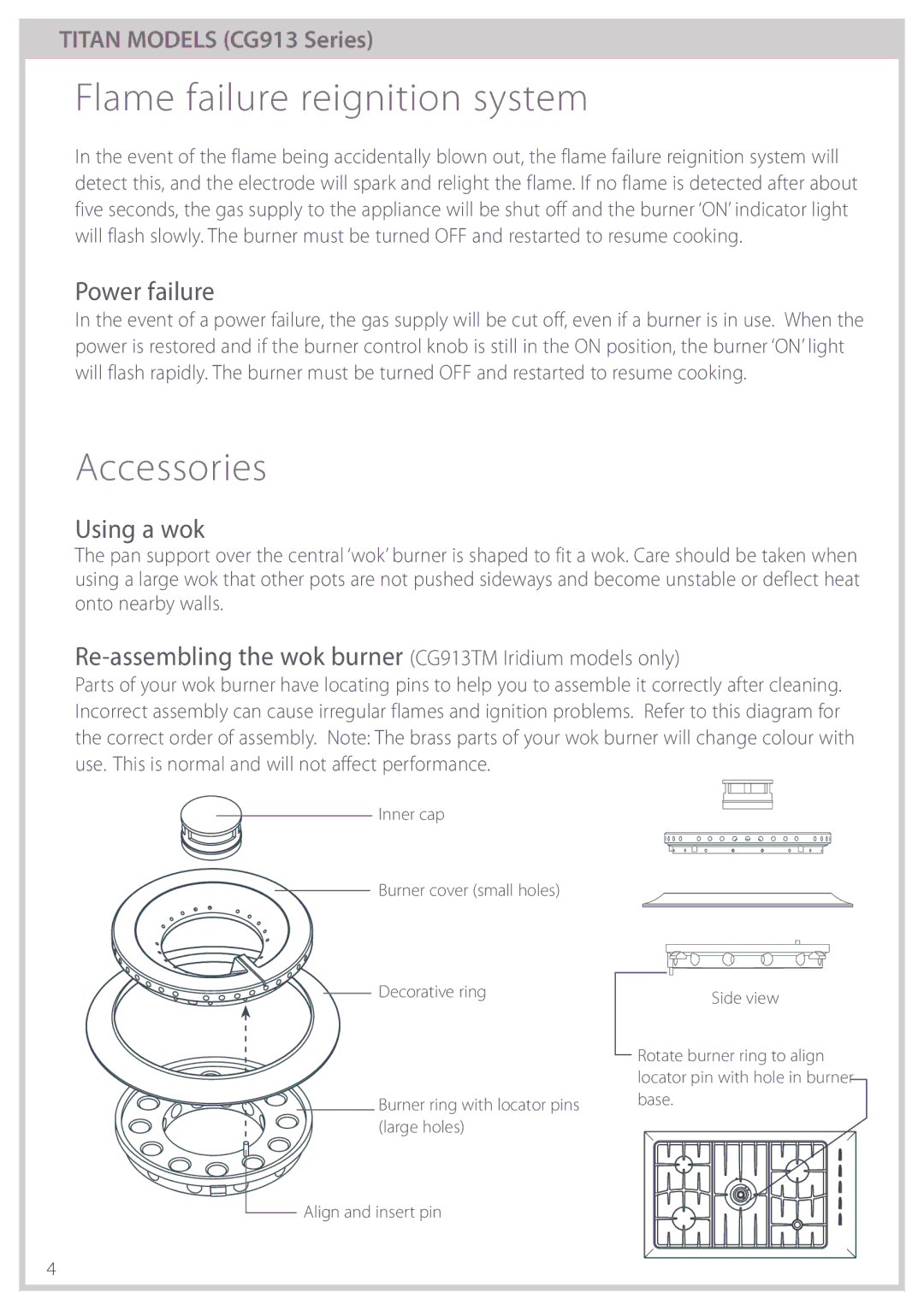 Fisher & Paykel CG913 manual Flame failure reignition system, Accessories, Power failure, Using a wok 