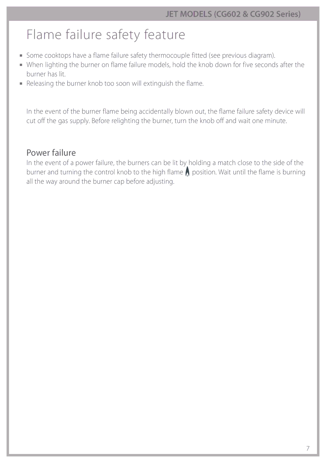 Fisher & Paykel CG913 manual Flame failure safety feature, Power failure 