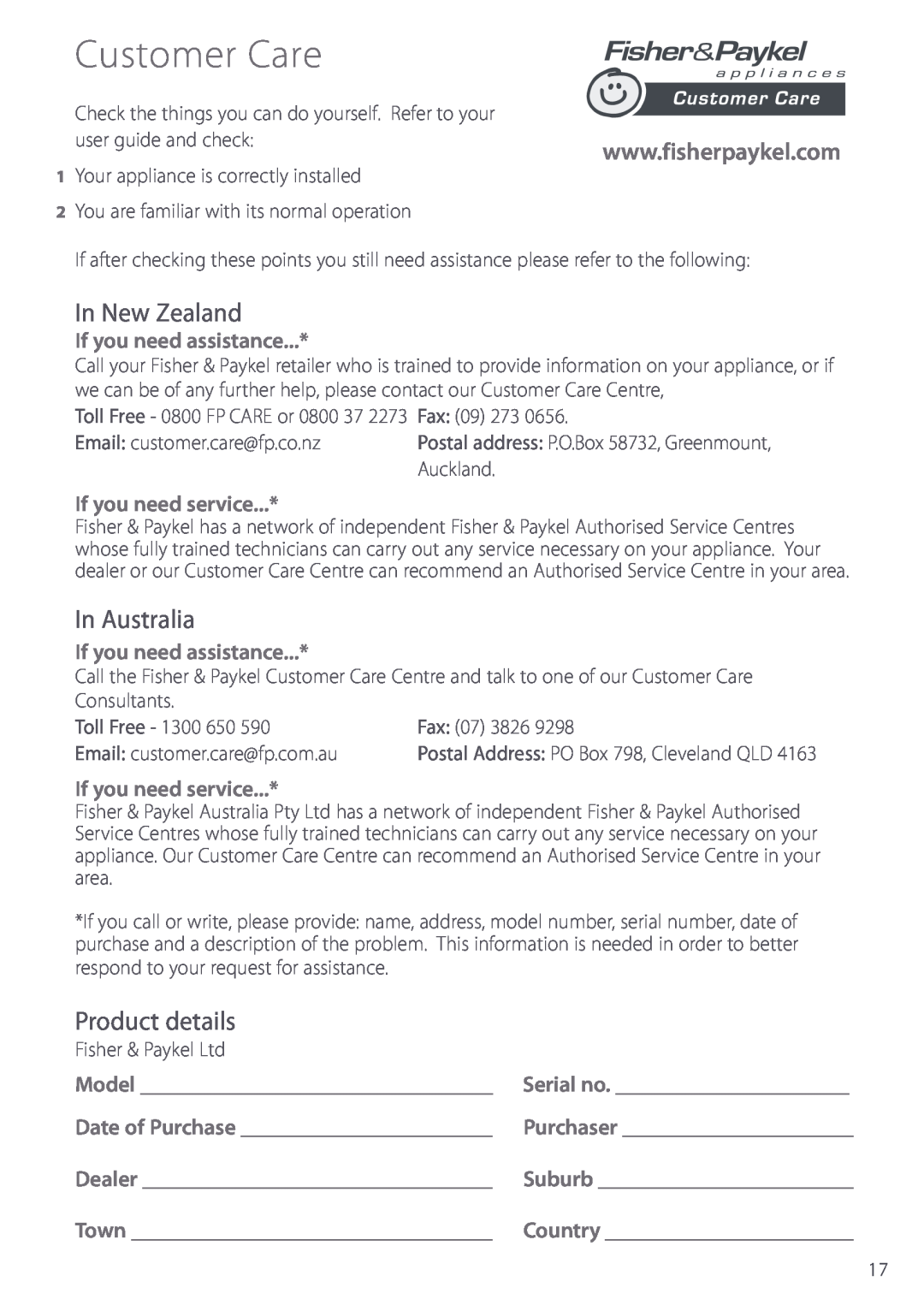 Fisher & Paykel CG913 manual Customer Care, In New Zealand, In Australia, Product details 