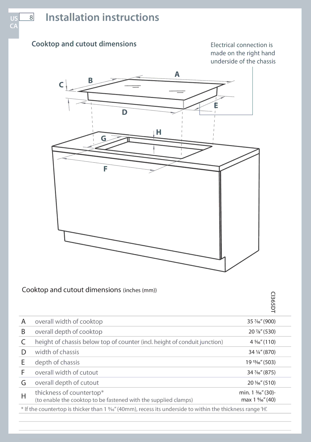 Fisher & Paykel CI365DT installation instructions Installation instructions, Cooktop and cutout dimensions 