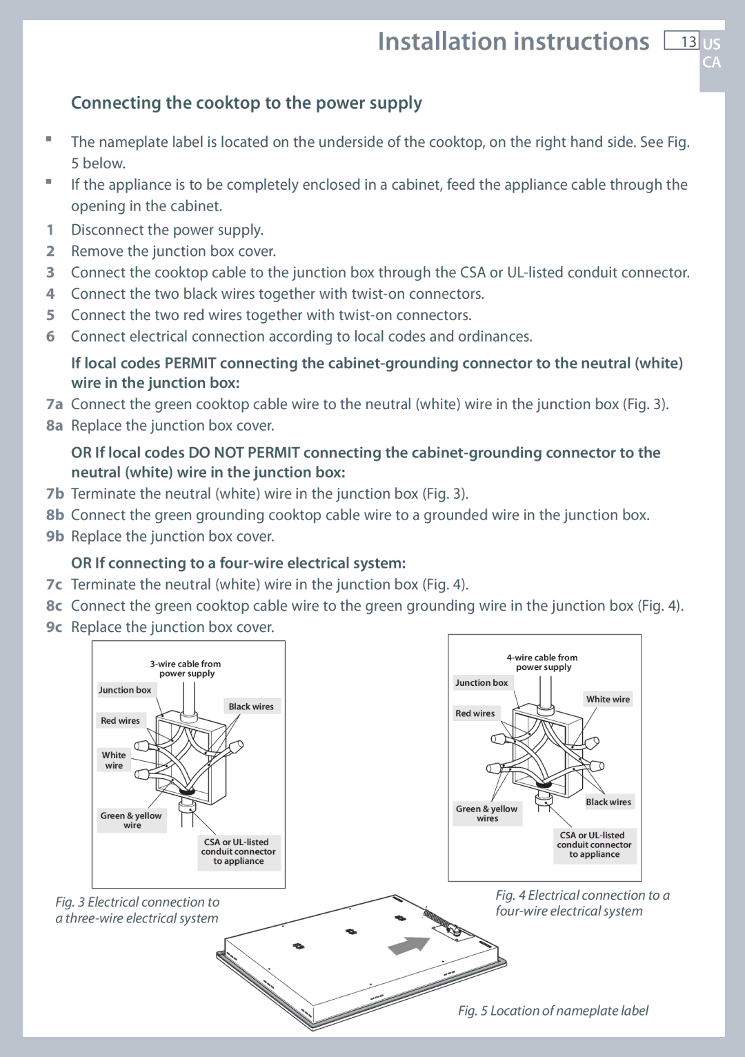 Fisher & Paykel CI365DT Connecting the cooktop to the power supply, Or If connecting to a four-wire electrical system 