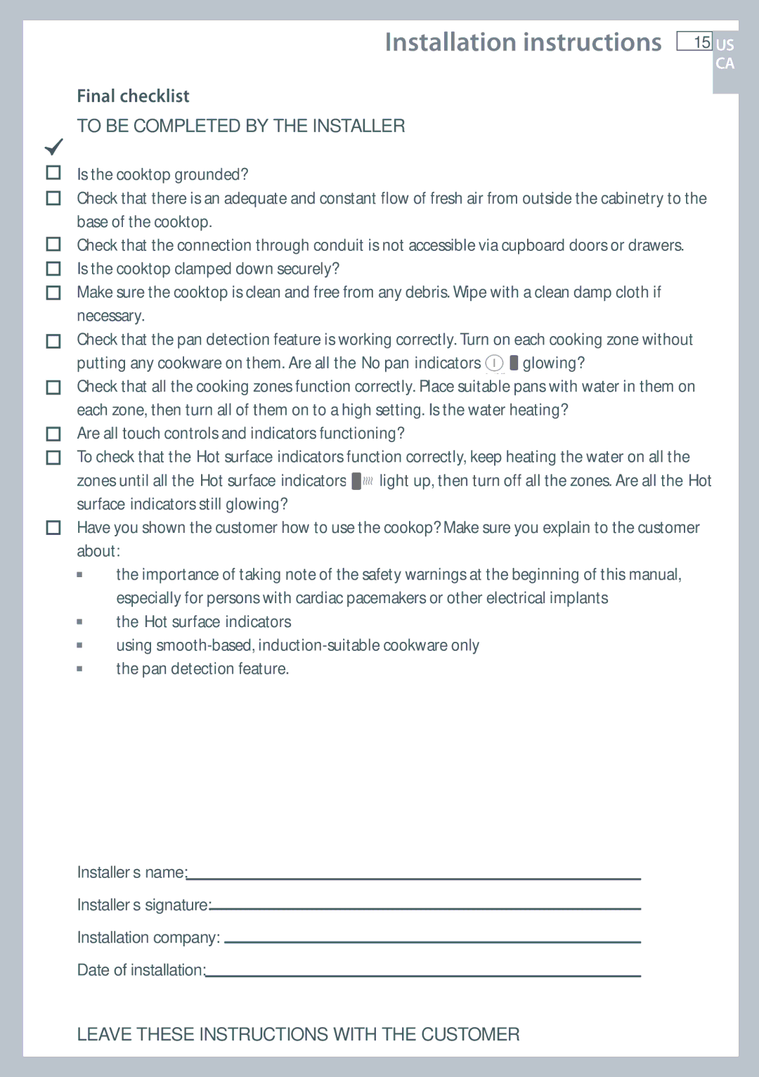 Fisher & Paykel CI365DT installation instructions Final checklist, To be Completed by the Installer 