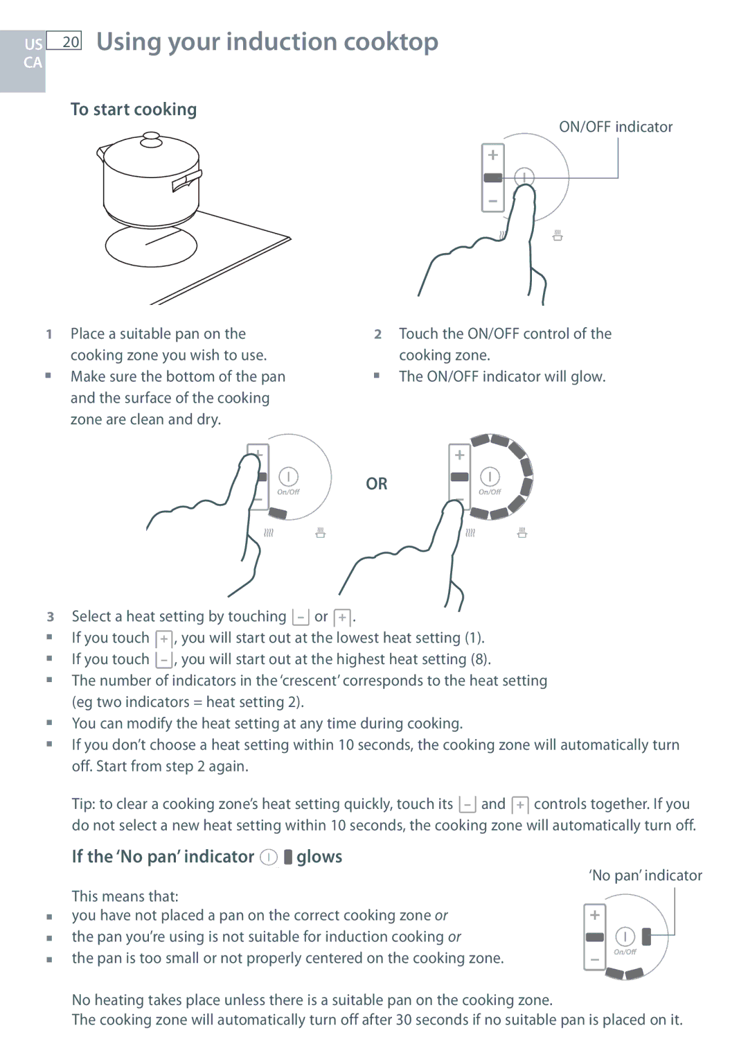 Fisher & Paykel CI365DT Using your induction cooktop, To start cooking, If the ‘No pan’ indicator glows 