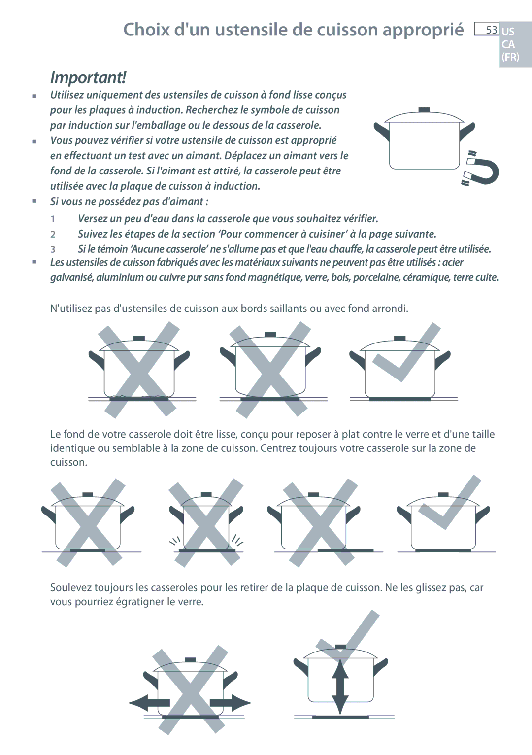 Fisher & Paykel CI365DT installation instructions Choix dun ustensile de cuisson approprié 