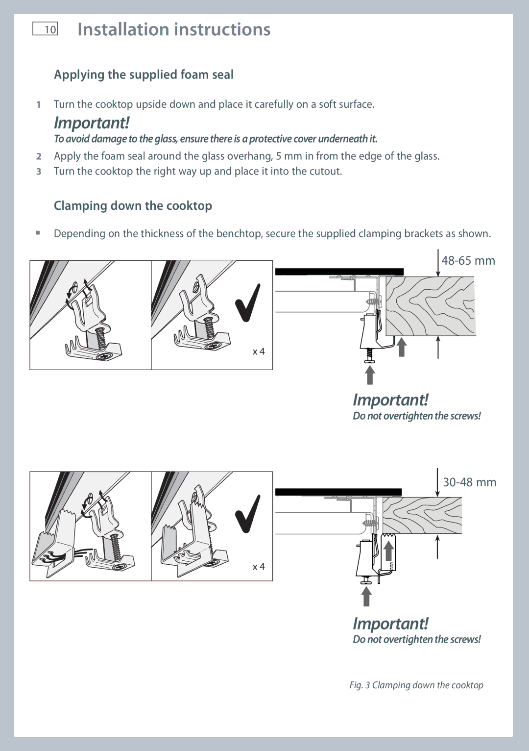 Fisher & Paykel CI754DT, CI905DT, CI604DT Applying the supplied foam seal, Clamping down the cooktop 