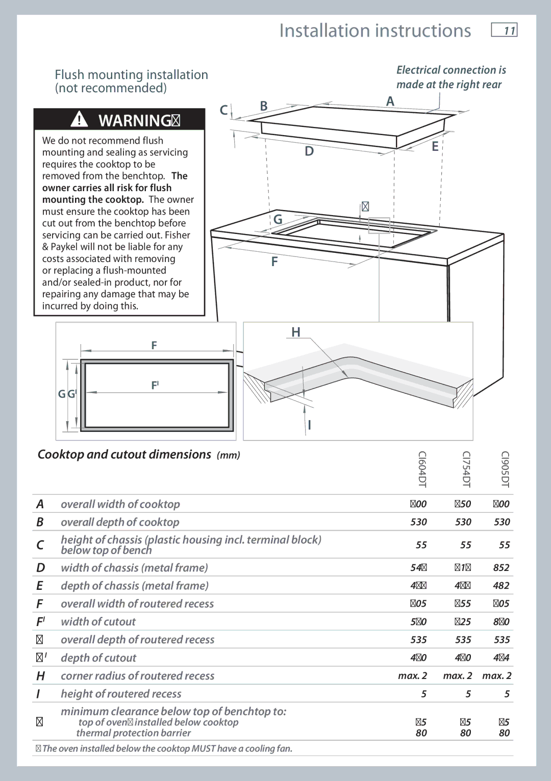 Fisher & Paykel CI905DT, CI754DT, CI604DT installation instructions Flush mounting installation, Not recommended 