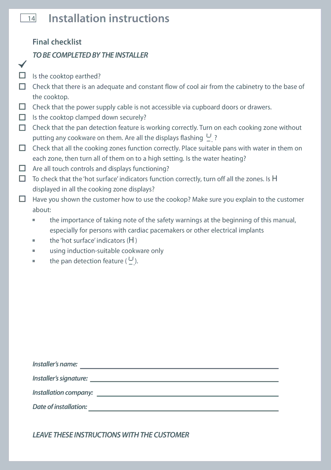 Fisher & Paykel CI905DT, CI754DT, CI604DT installation instructions Final checklist, To be Completed by the Installer 