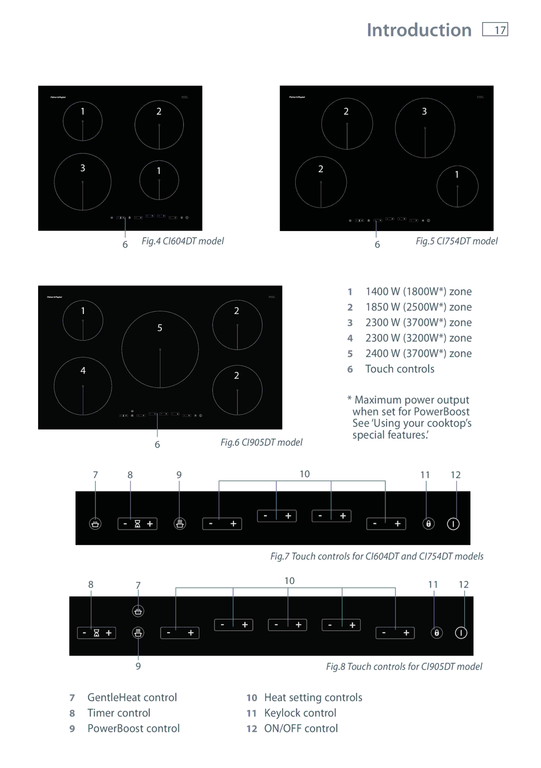 Fisher & Paykel CI905DT, CI754DT, CI604DT installation instructions GentleHeat control Timer control PowerBoost control 