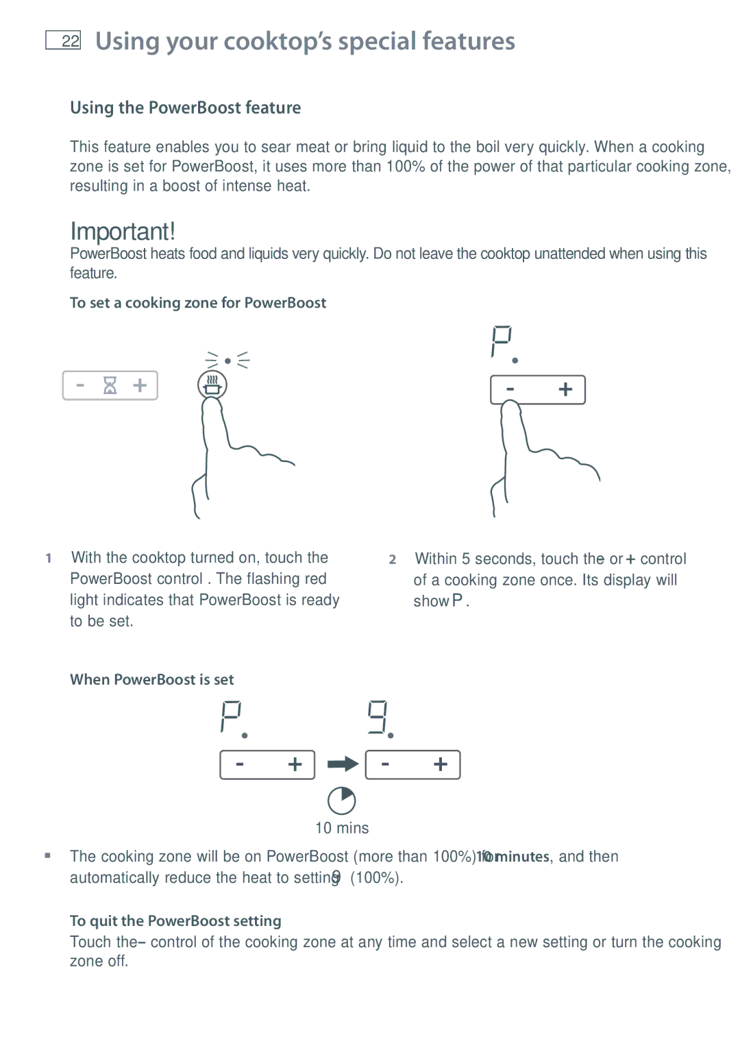 Fisher & Paykel CI754DT Using your cooktop’s special features, Using the PowerBoost feature, When PowerBoost is set 