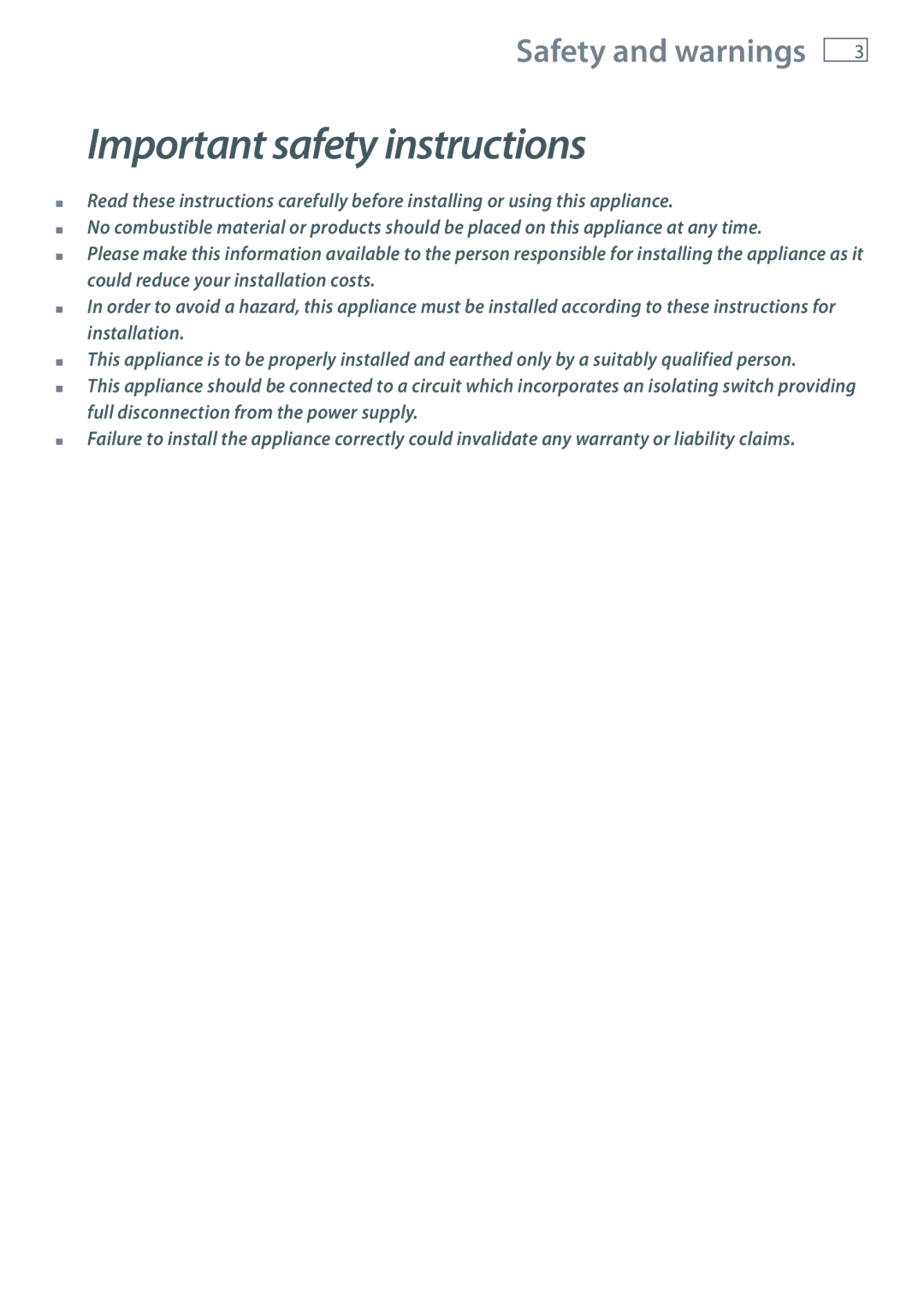 Fisher & Paykel CI604DT, CI754DT, CI905DT installation instructions Important safety instructions 