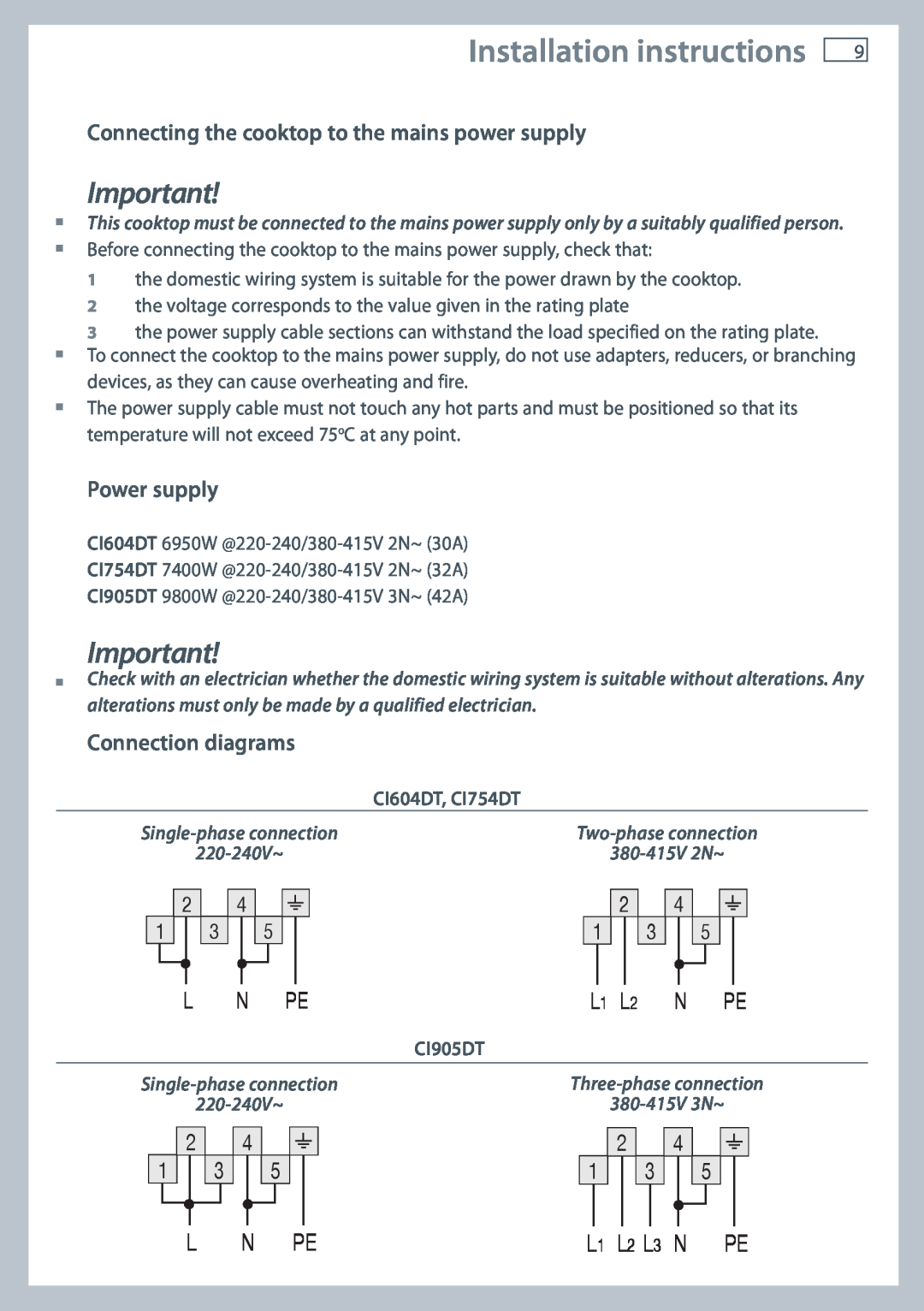 Fisher & Paykel CI604DT Installation instructions, Connecting the cooktop to the mains power supply, Power supply, L N Pe 