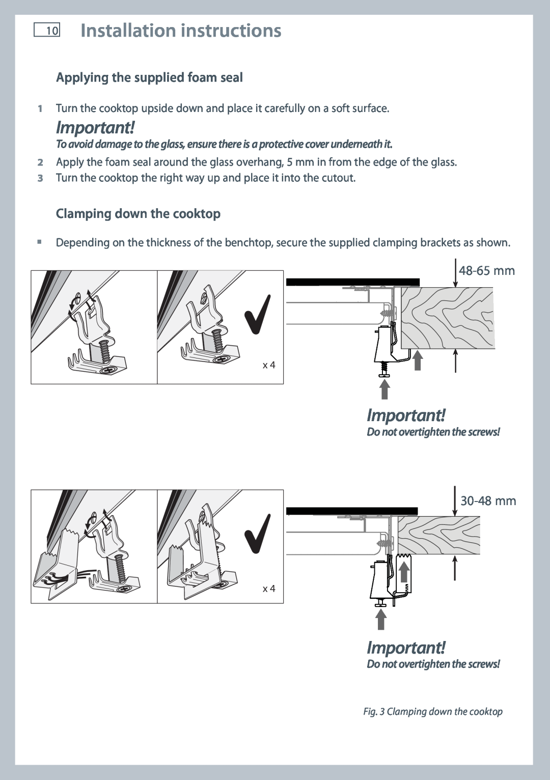 Fisher & Paykel CI754DT Installation instructions, Applying the supplied foam seal, Clamping down the cooktop, 48-65 mm 