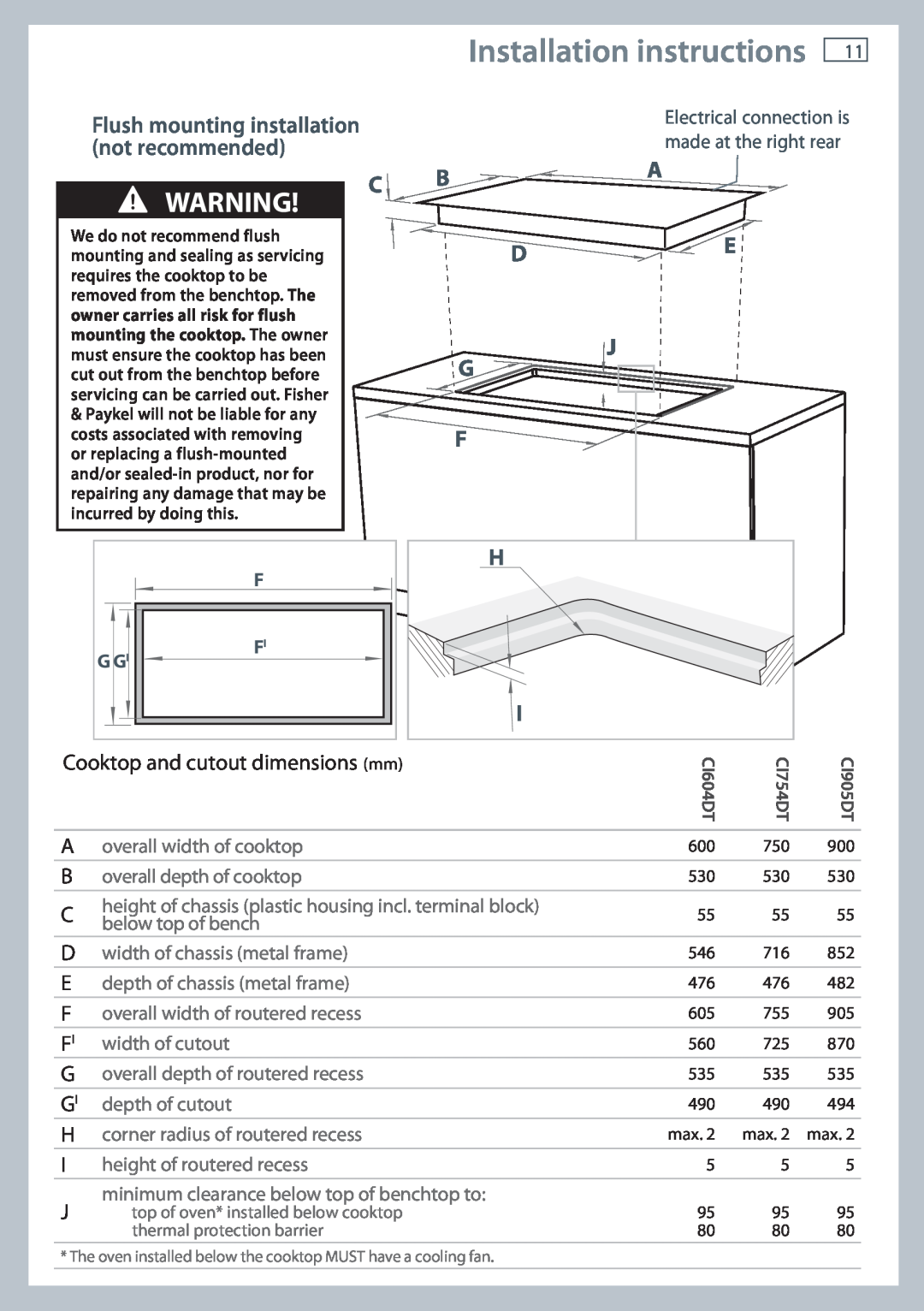 Fisher & Paykel CI905DT Installation instructions, Flush mounting installation, not recommended, CI604DT, CI754DT 