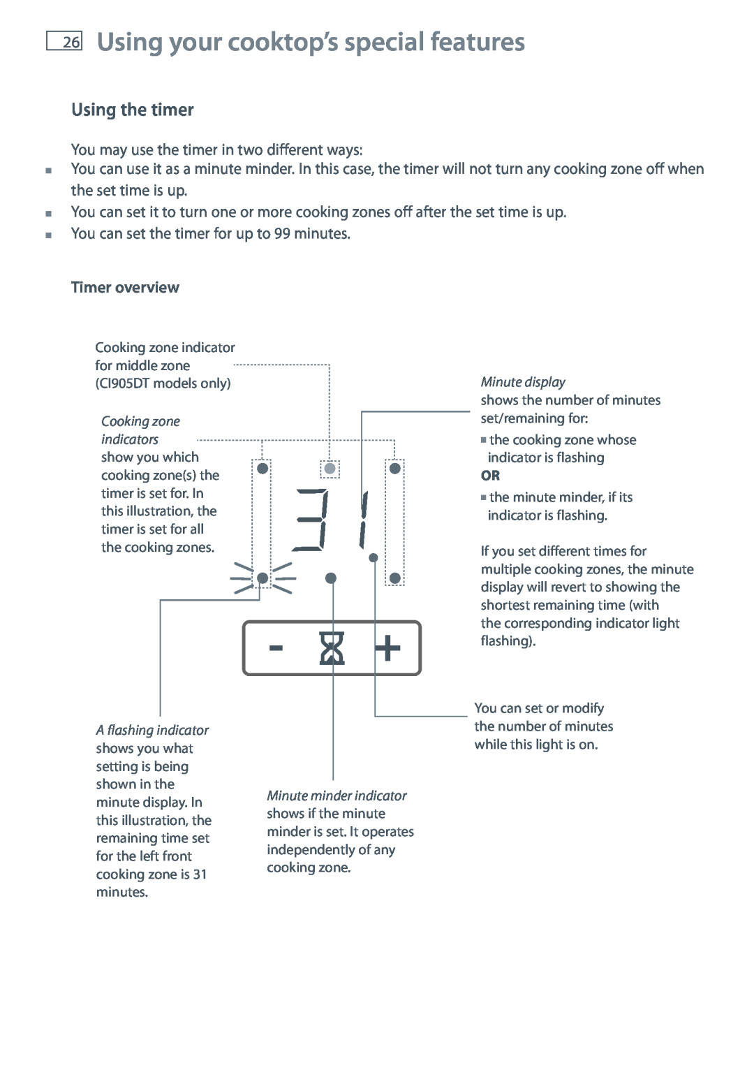 Fisher & Paykel CI905DT, CI754DT, CI604DT installation instructions Using your cooktop’s special features, Using the timer 