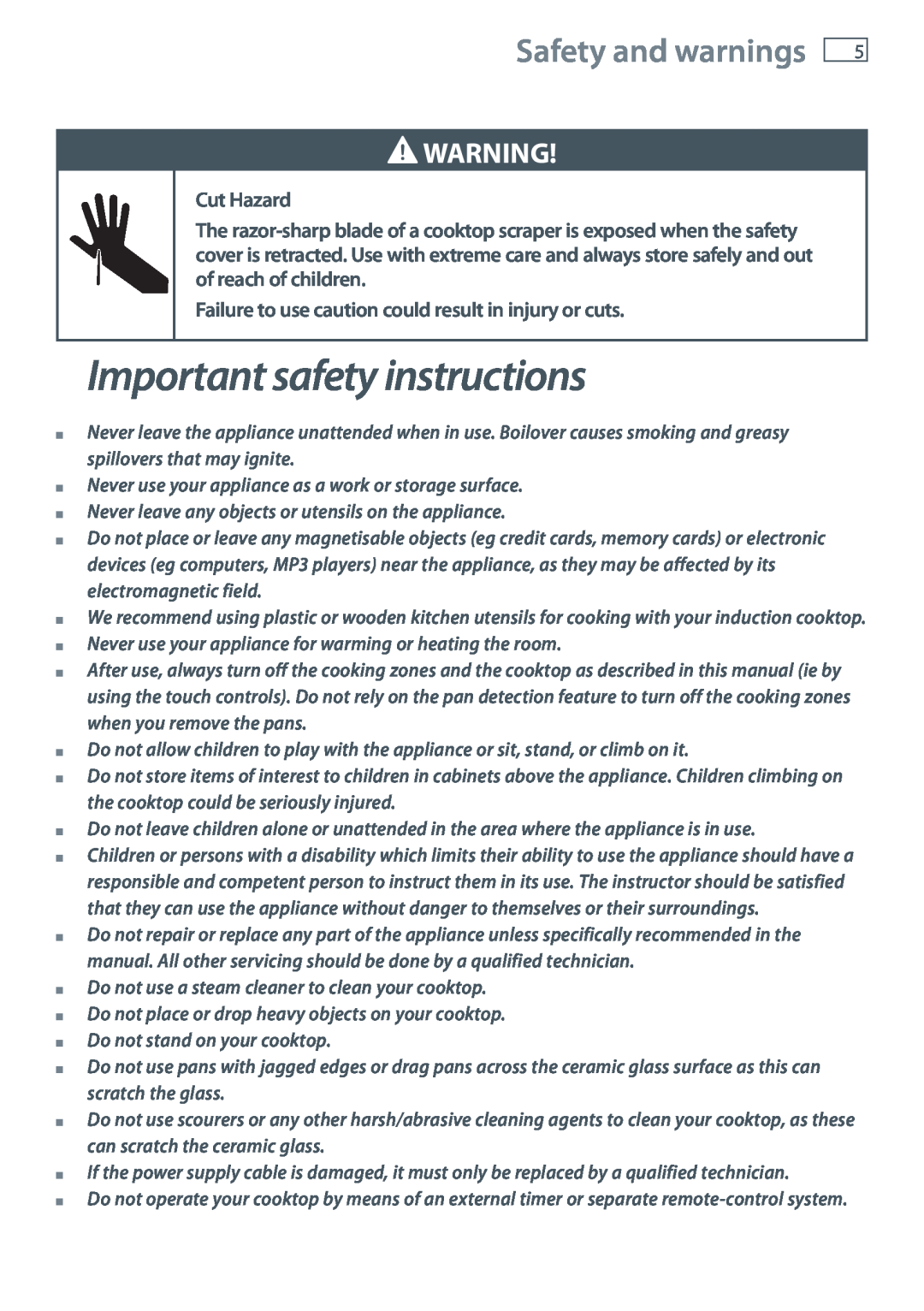 Fisher & Paykel CI905DT, CI754DT, CI604DT installation instructions Important safety instructions, Safety and warnings 