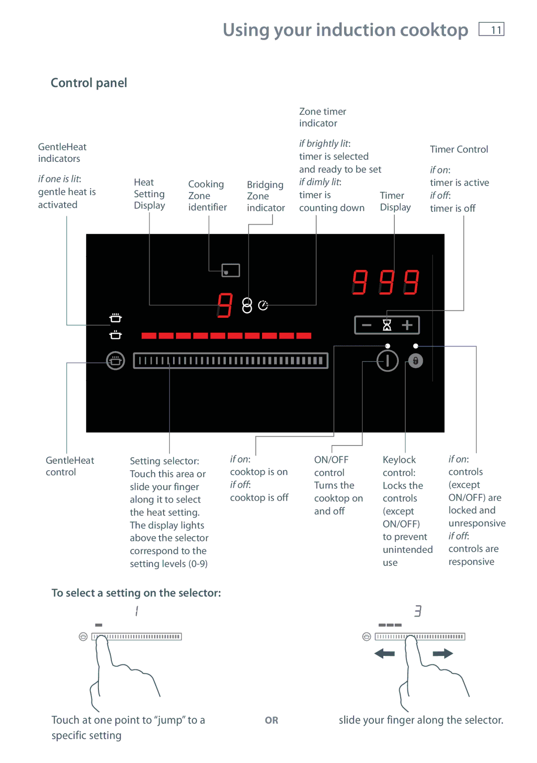 Fisher & Paykel CI604DTB, CI754DTB, CI603DTB, CI905DTB, CI302DTB manual Control panel, To select a setting on the selector 