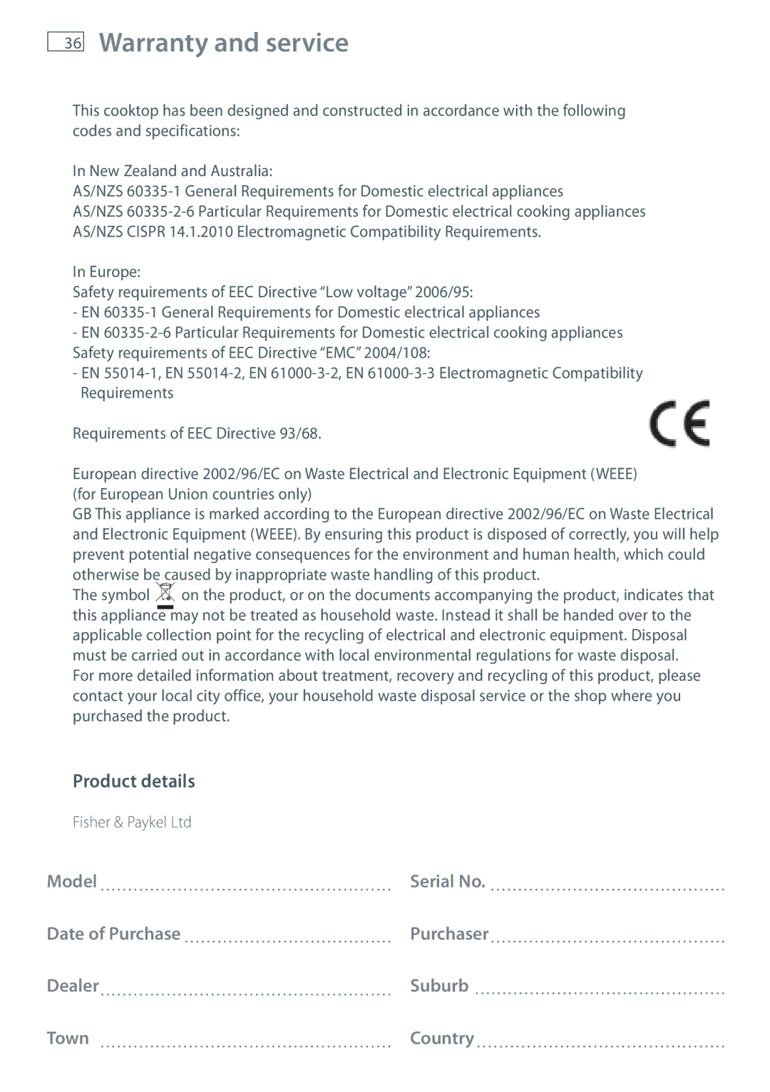 Fisher & Paykel CI604DTB, CI754DTB, CI603DTB, CI905DTB, CI302DTB manual Product details, Dealer Suburb Town 