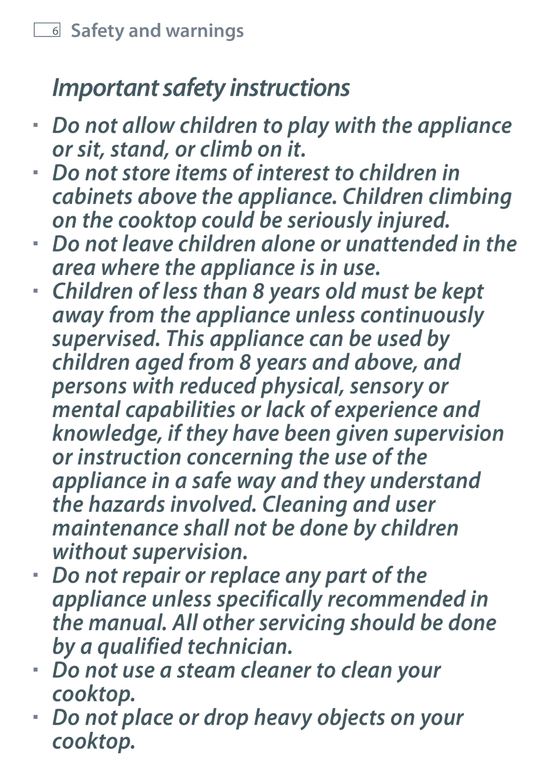 Fisher & Paykel CI604DTB, CI754DTB, CI603DTB, CI905DTB, CI302DTB manual Important safety instructions 