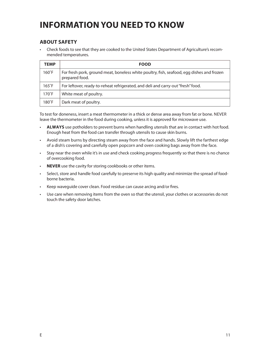 Fisher & Paykel CMOH30SS manual About safety, Temp Food, 160˚F, Prepared food 