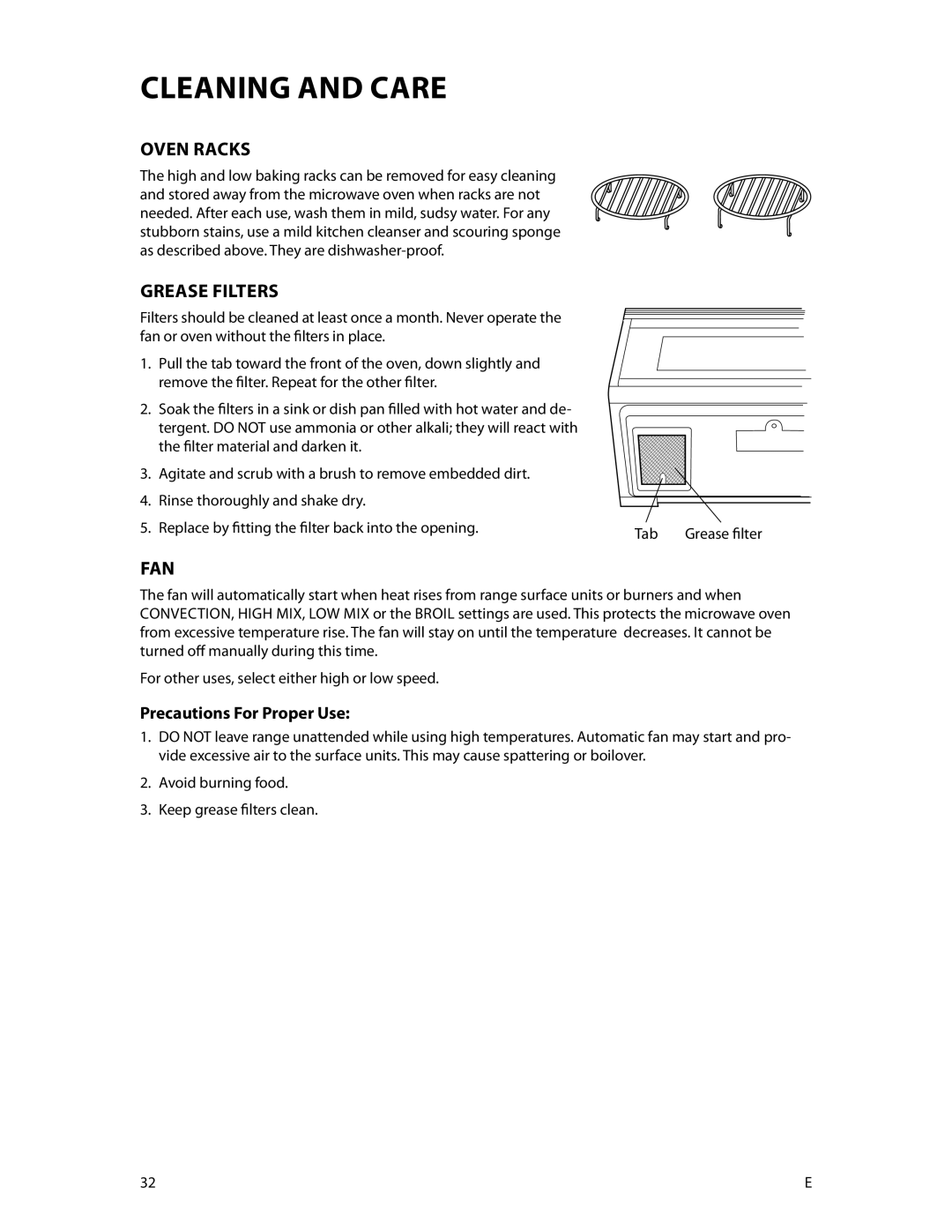 Fisher & Paykel CMOH30SS manual Oven Racks, Grease Filters, Fan, Precautions For Proper Use 