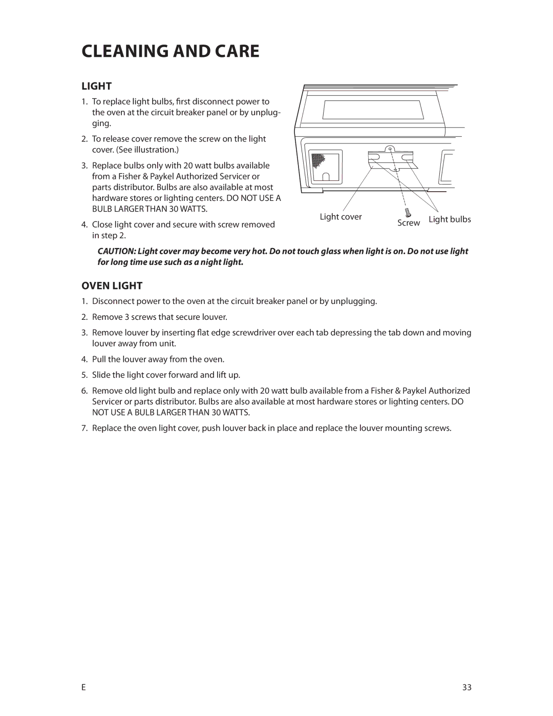 Fisher & Paykel CMOH30SS manual Oven Light, Close light cover and secure with screw removed Screw Step 