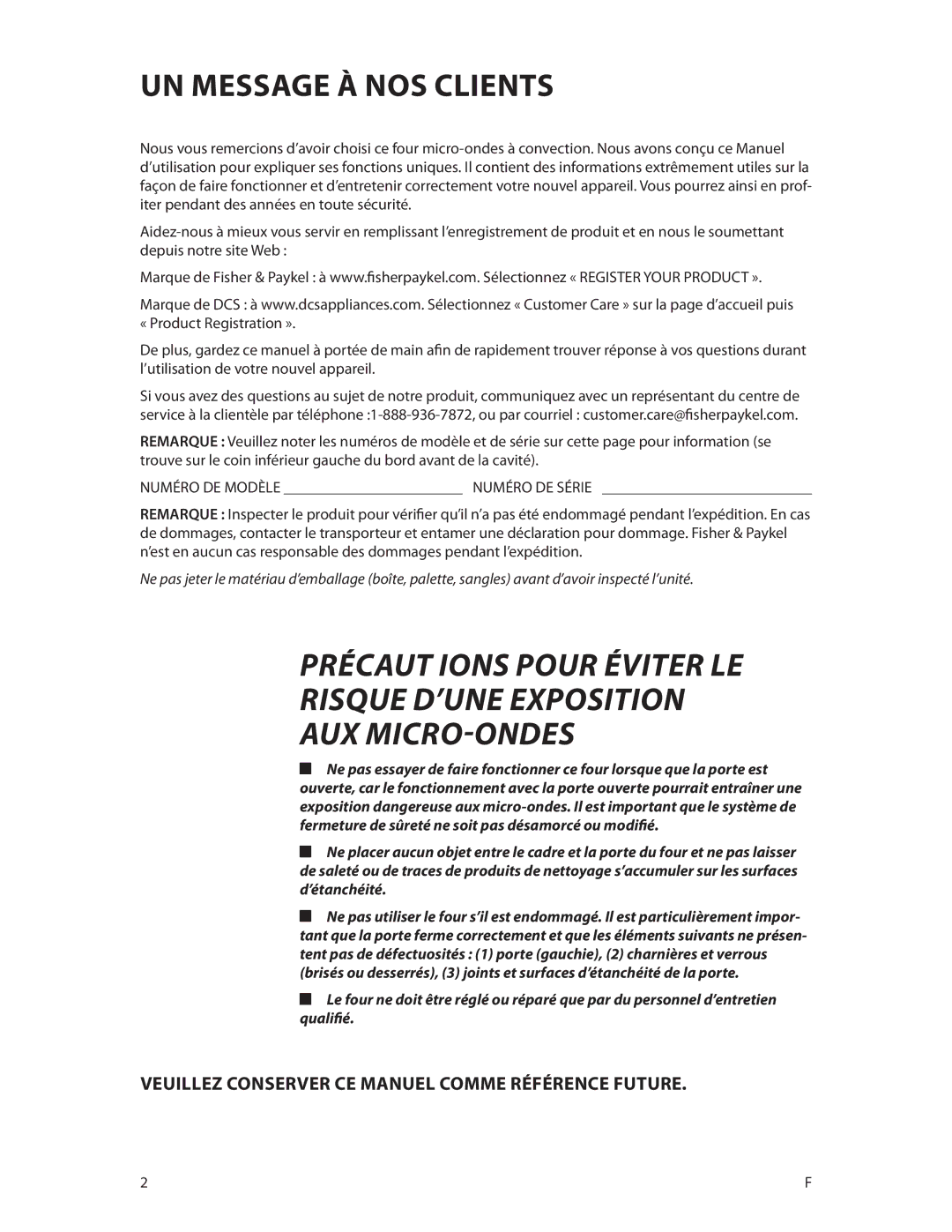 Fisher & Paykel CMOH30SS manual UN Message À NOS Clients, Veuillez Conserver CE Manuel Comme Référence Future 