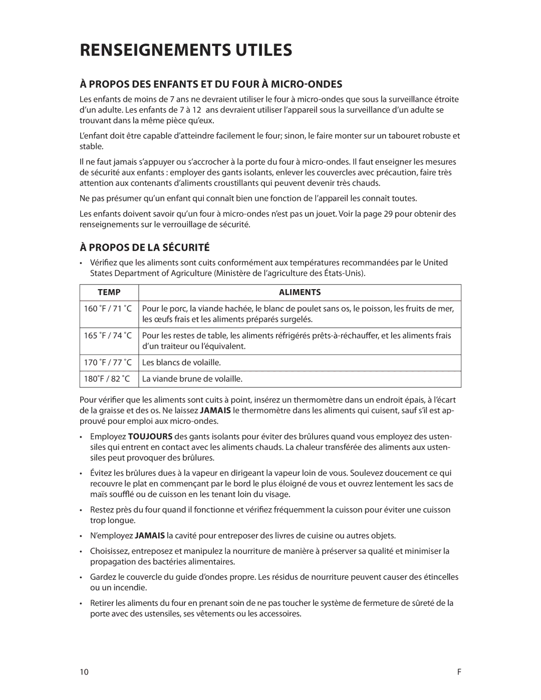 Fisher & Paykel CMOH30SS manual Propos des enfants et du four à micro-ondes, Propos de la sécurité, Temp, Aliments 