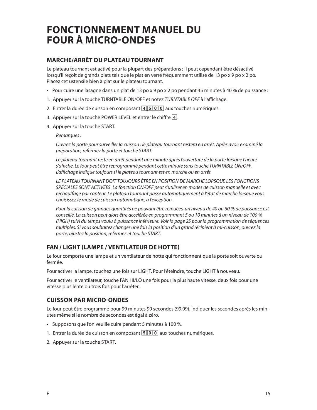 Fisher & Paykel CMOH30SS manual Fonctionnement manuel du four à micro-ondes, MARCHE/ARRÊT DU Plateau Tournant 