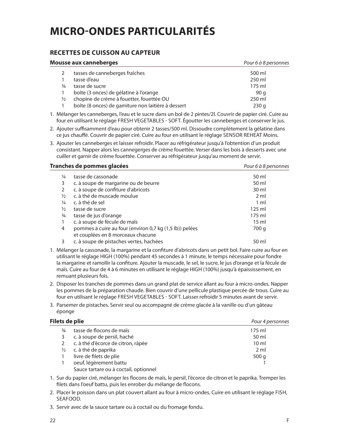 Fisher & Paykel CMOH30SS manual Recettes DE Cuisson AU Capteur, Mousse aux canneberges, Tranches de pommes glacées 