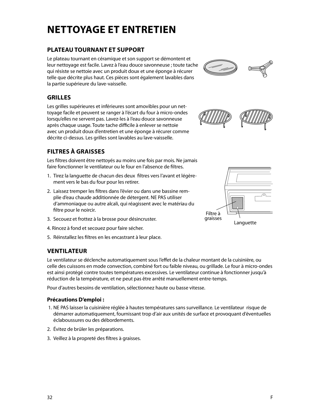 Fisher & Paykel CMOH30SS manual Plateau Tournant ET Support, Grilles, Filtres À Graisses, Ventilateur, Précautions D’emploi 