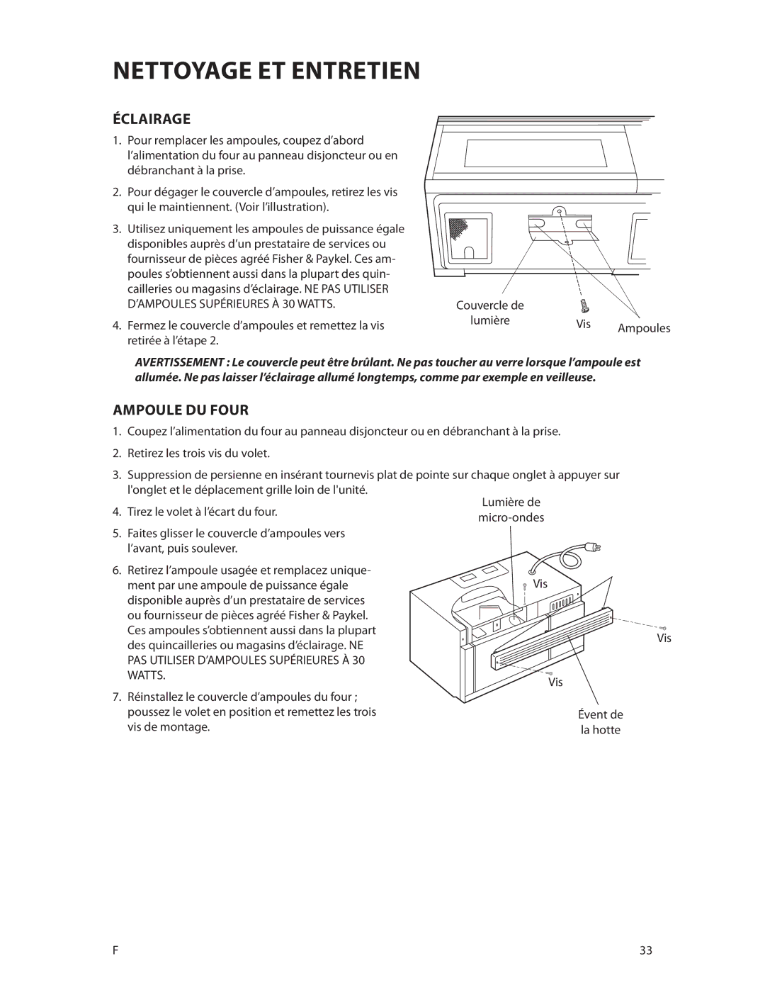 Fisher & Paykel CMOH30SS manual Éclairage, Ampoule DU Four 