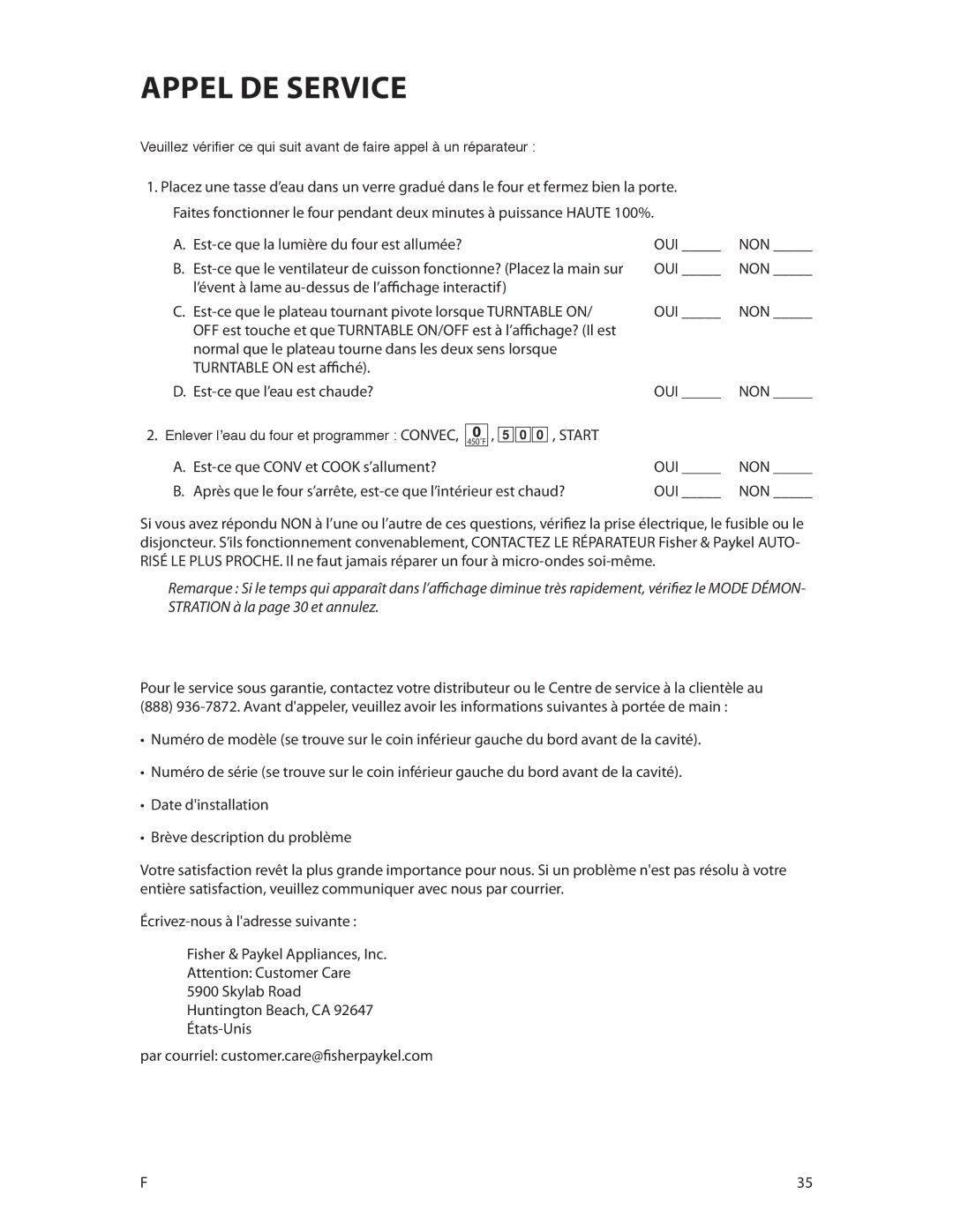 Fisher & Paykel CMOH30SS manual Appel de service, Est-ce que la lumière du four est allumée? OUI 