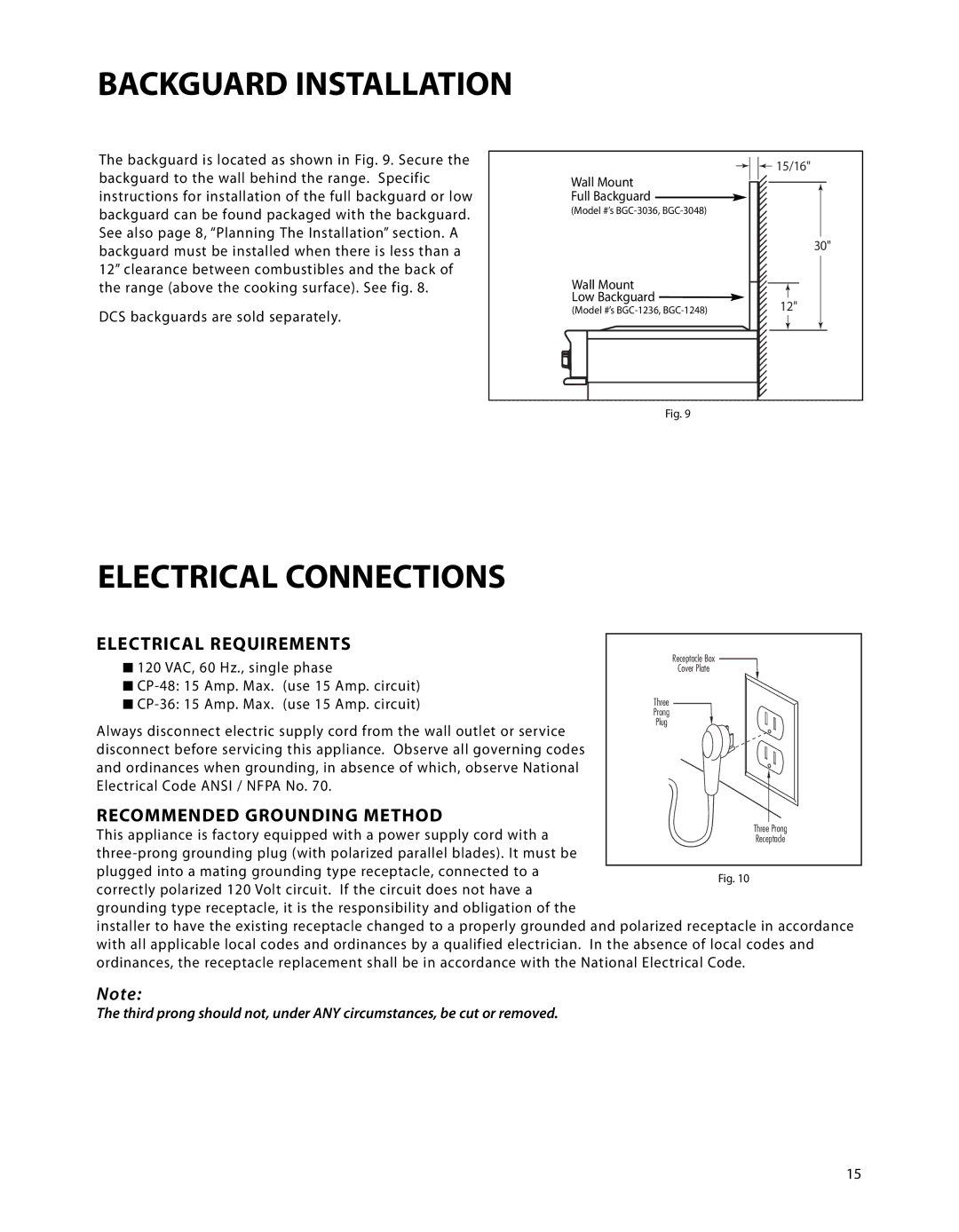 Fisher & Paykel CP-364GL, CP-486GD, CP-364GD, CP-366 Backguard Installation, Electrical Connections, Electrical Requirements 