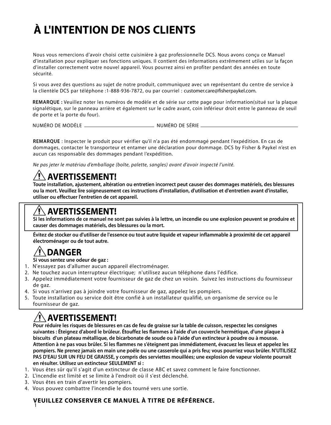 Fisher & Paykel CP-486GD, CP-364GD, CP-485GD Lintention DE NOS Clients, Veuillez Conserver CE Manuel À Titre DE Référence 